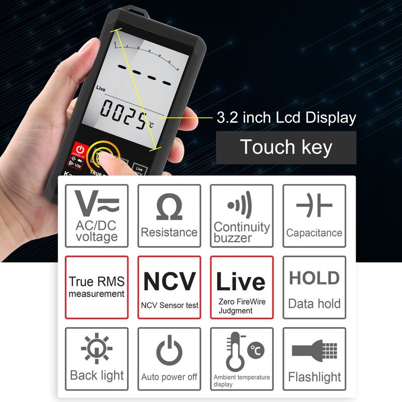 Big screen Auto Ranging Touch Digital Multimeter True RMS Digital Multimeter AC DC Voltage Mini Pocket Multimetro