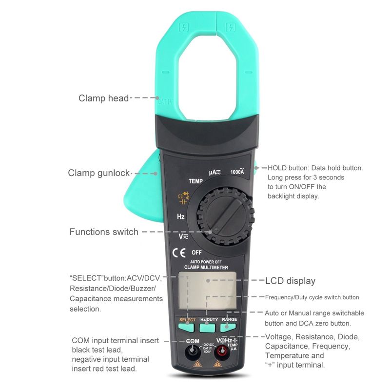 Professional 1000A AC/DC Voltage Clamp Meter with 3 5/6 Digits Display and Multifunctional Current Measurement